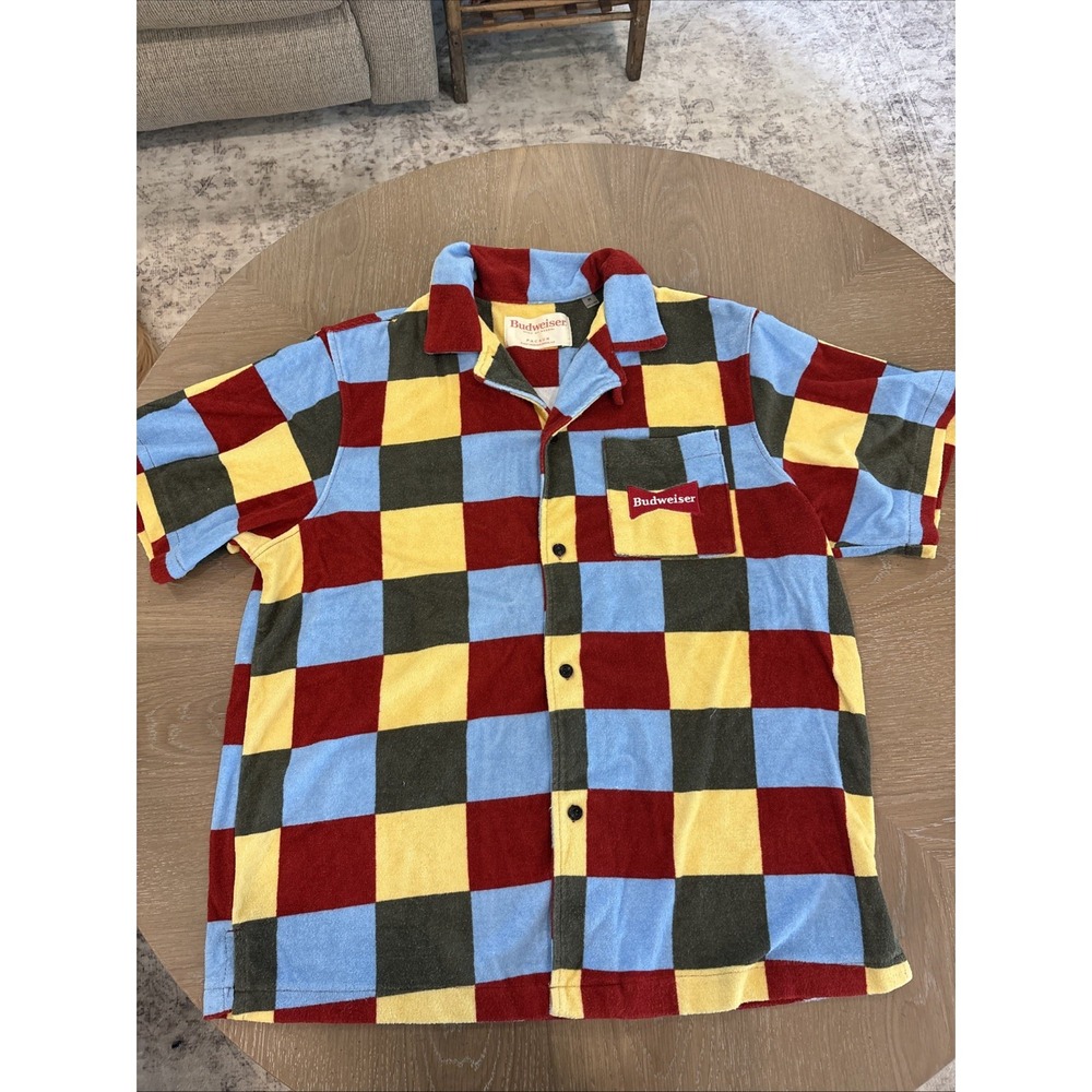 2022 Budweiser Patchwork Terry Cloth Button Up Shirt Medium Multicolor